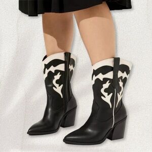 Torrid Black & Cream Vegan Leather Chunky-Heel Cowgirl Western Boots 9.5WW